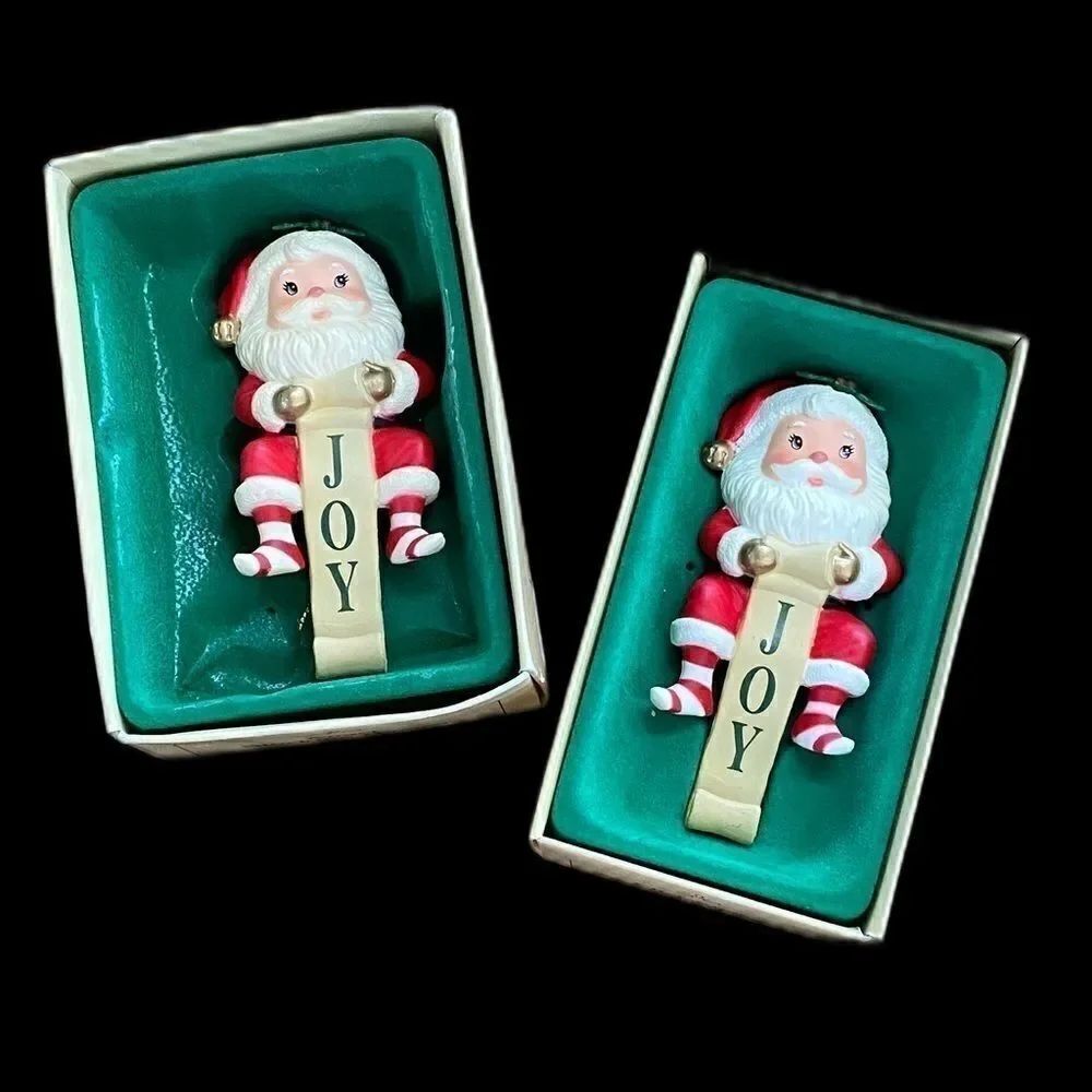 Pair Santa Stocking Hangers Vintage Joy Christmas